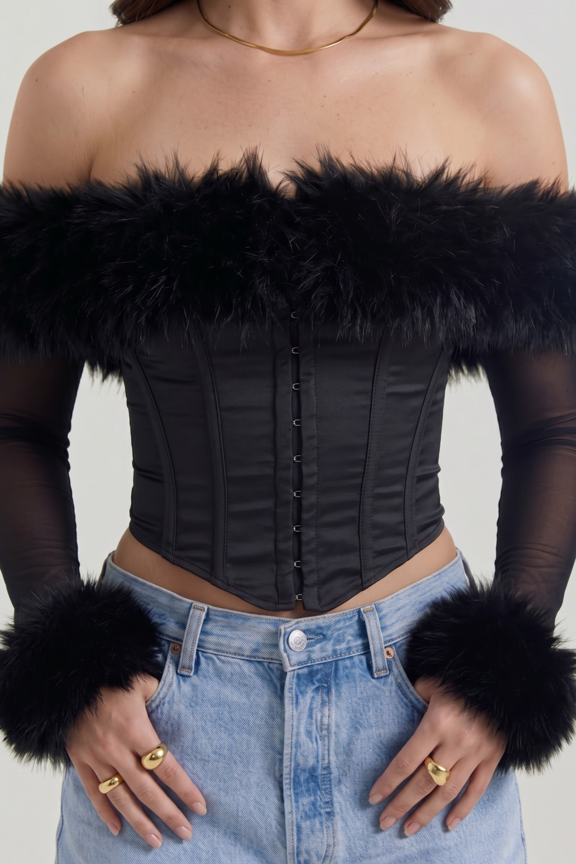 Blair Long-Sleeve Corset with Feather Details